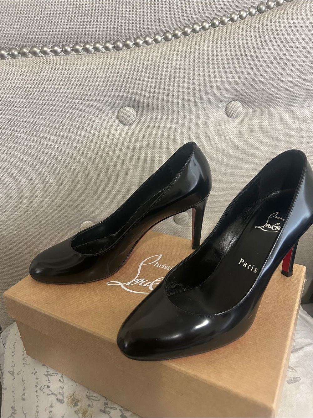Christian Louboutin Black Patent Leather Round-Toe Pumps with Red Sole